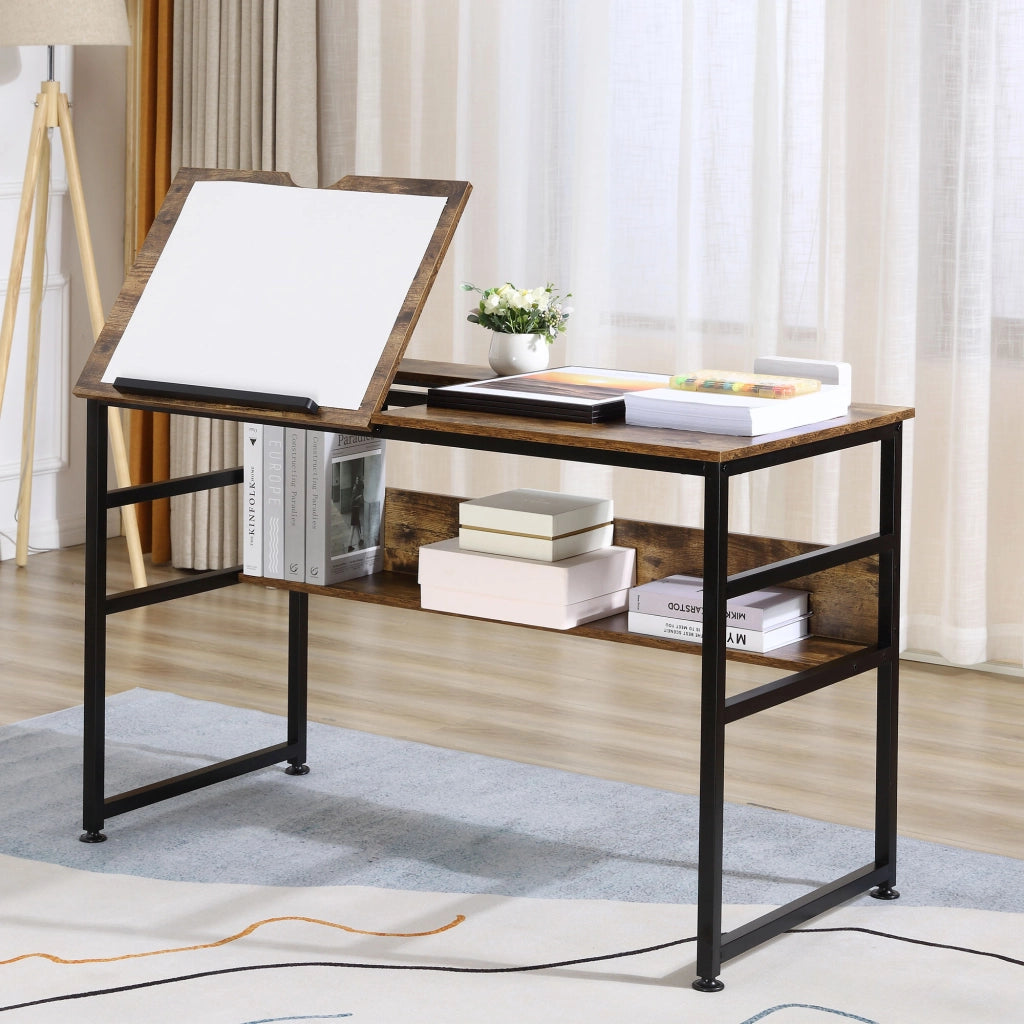 Tavolo da disegno inclinabile ¨C zephmum ¨C design industriale, piano regolabile, ripiano, effetto legno vecchio, metallo nero