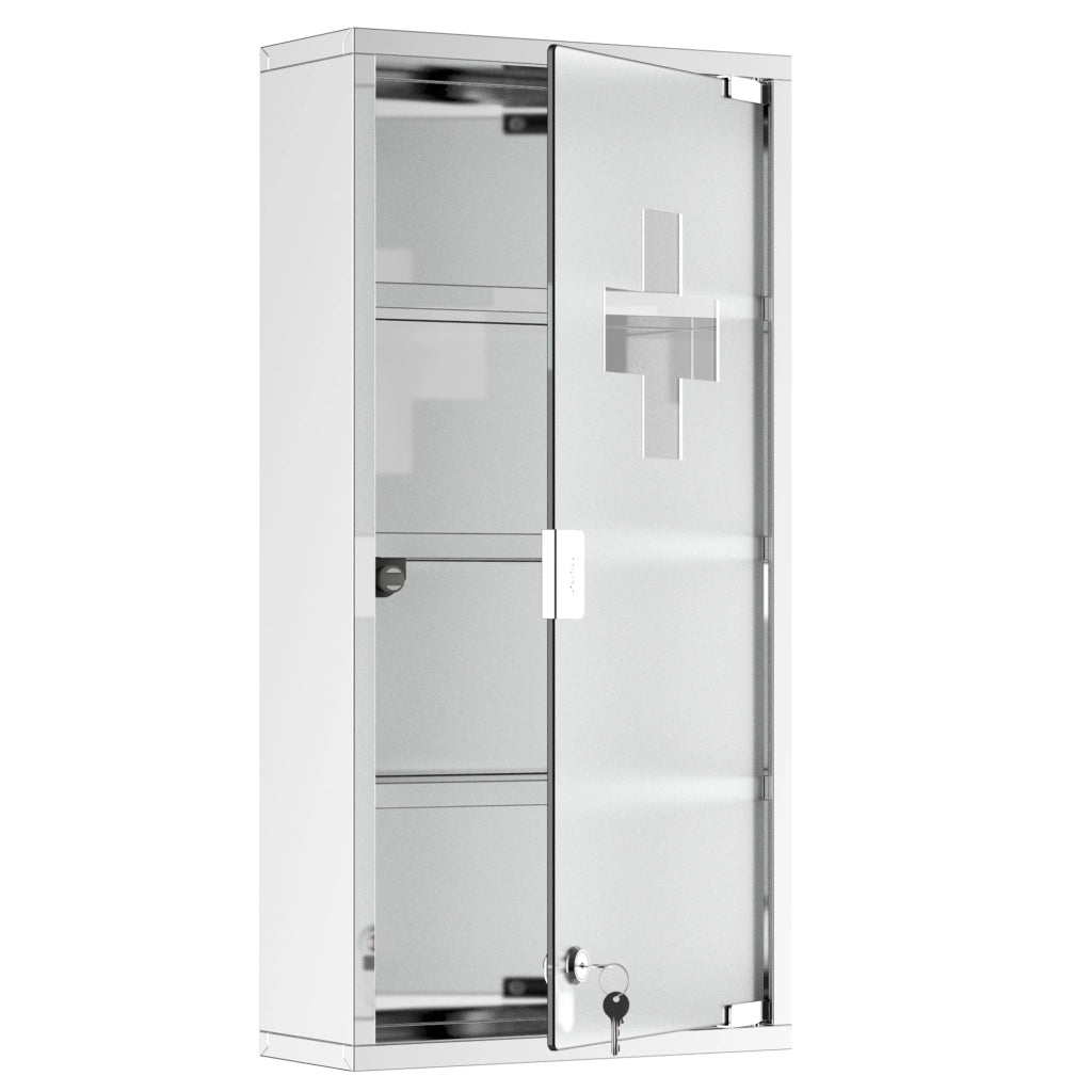 Mobile bagno con anta in vetro satinato; serratura e croce primo soccorso in acciaio inox per bagno; 30×12×60 cm
