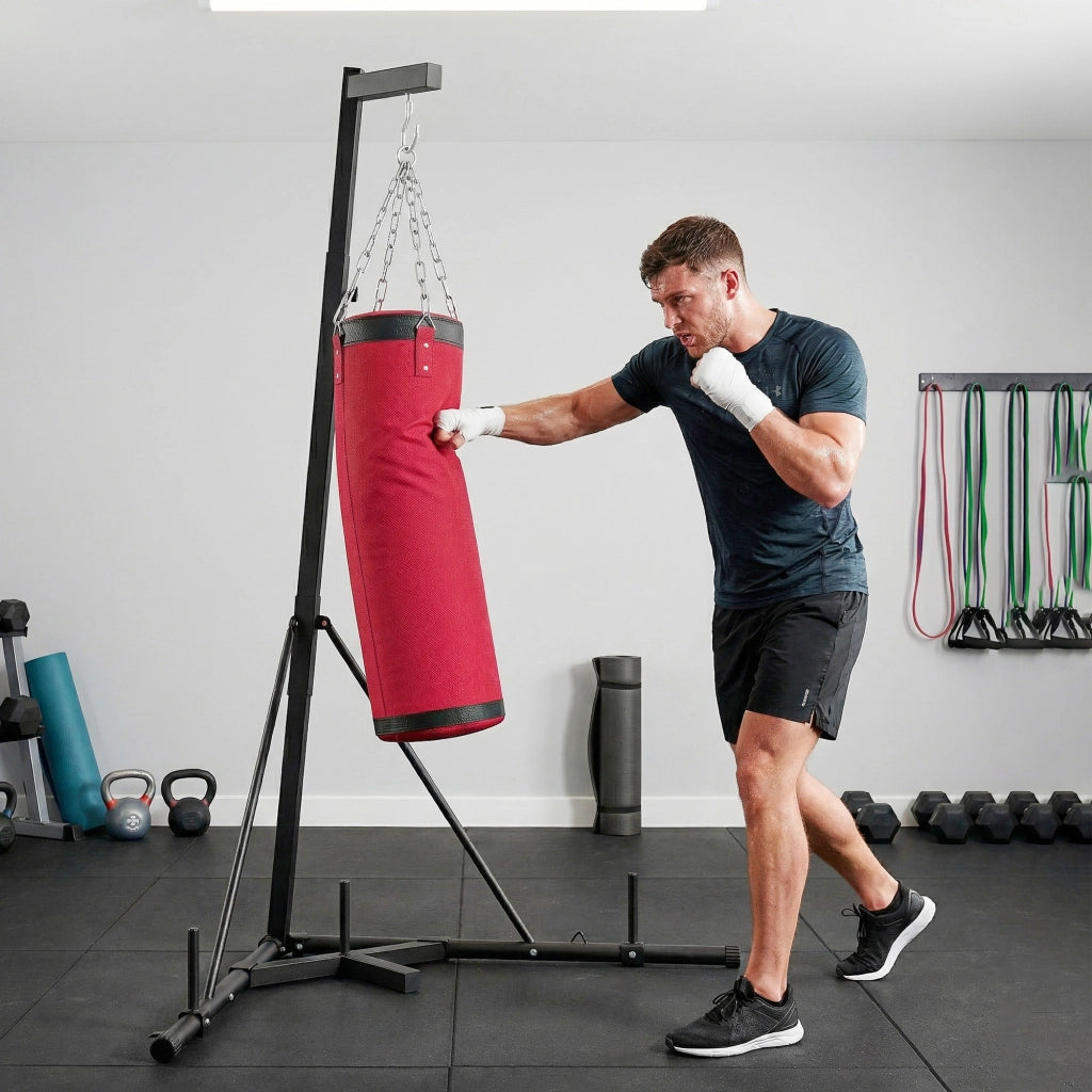 Sacco da Boxe con Supporto Regolabile ¨C Minimal ¨C Acciaio e Tela, 175x91x185-231 cm, Rosso