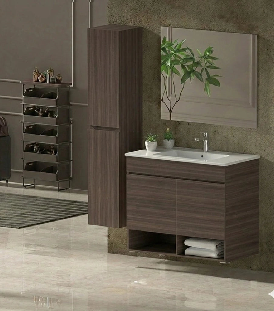 Mobile Bagno NEBARI Già Montato 2 portas, lavabo e specchio Frassino tea 90x45 cm con colonna