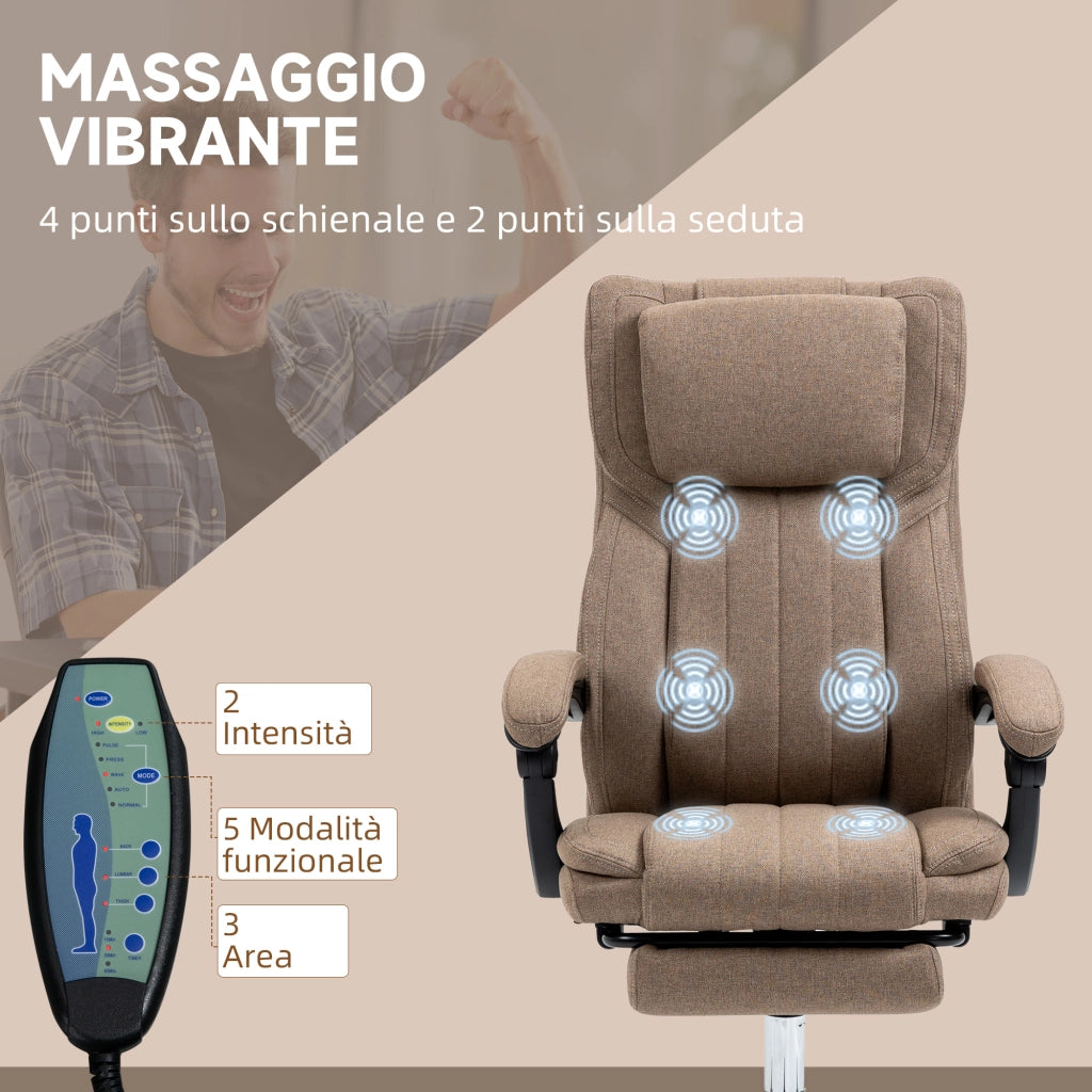 Sedia da Ufficio con Poggiapiedi ¨C Minimal ¨C Marrone, Tessuto Effetto Lino, 65x61x108-118 cm