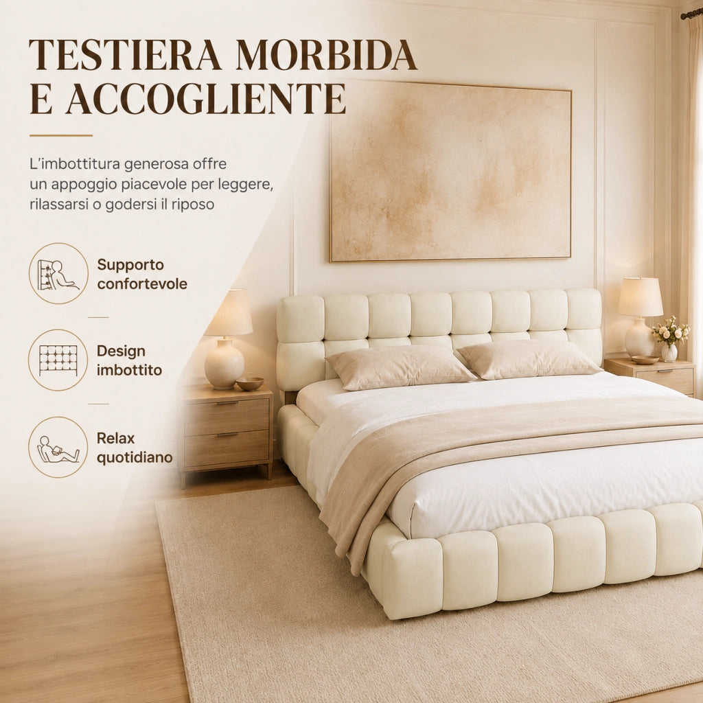 Letto matrimoniale imbottito lino beige 140x200 cm, testiera morbida a pannelli, struttura robusta, design moderno per camera da letto