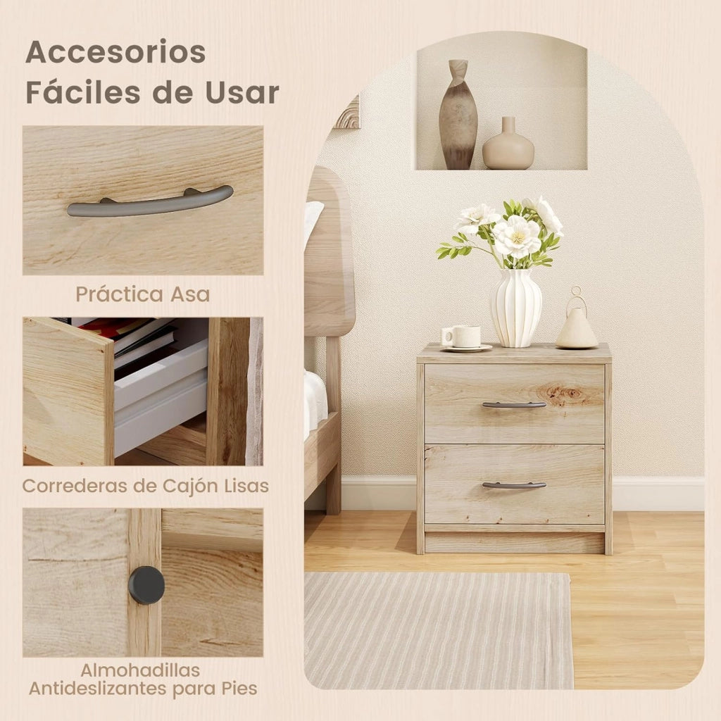 COSTWAY Comodino Camera da Letto con 2 Cassetti, Comodino Salvaspazio in Legno, Comodino Mobile da Letto con Kit Antiribaltamento, per Soggiorno e Studio, 38,5 x 28 x 39 cm (Naturale, 2 Cassetti)