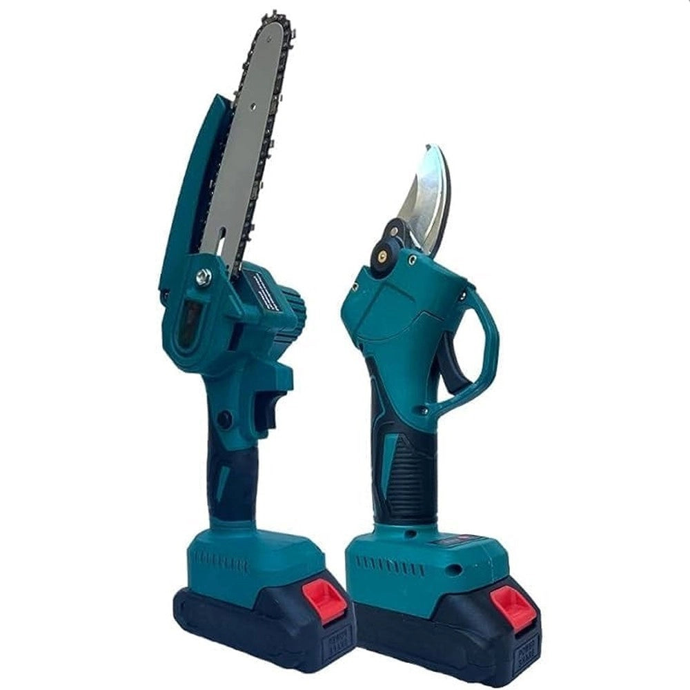 Trade Shop - Kit Potatura 2 In 1 Forbici Cesoia + Mini Motosega Elettrico A Batteria 36v -