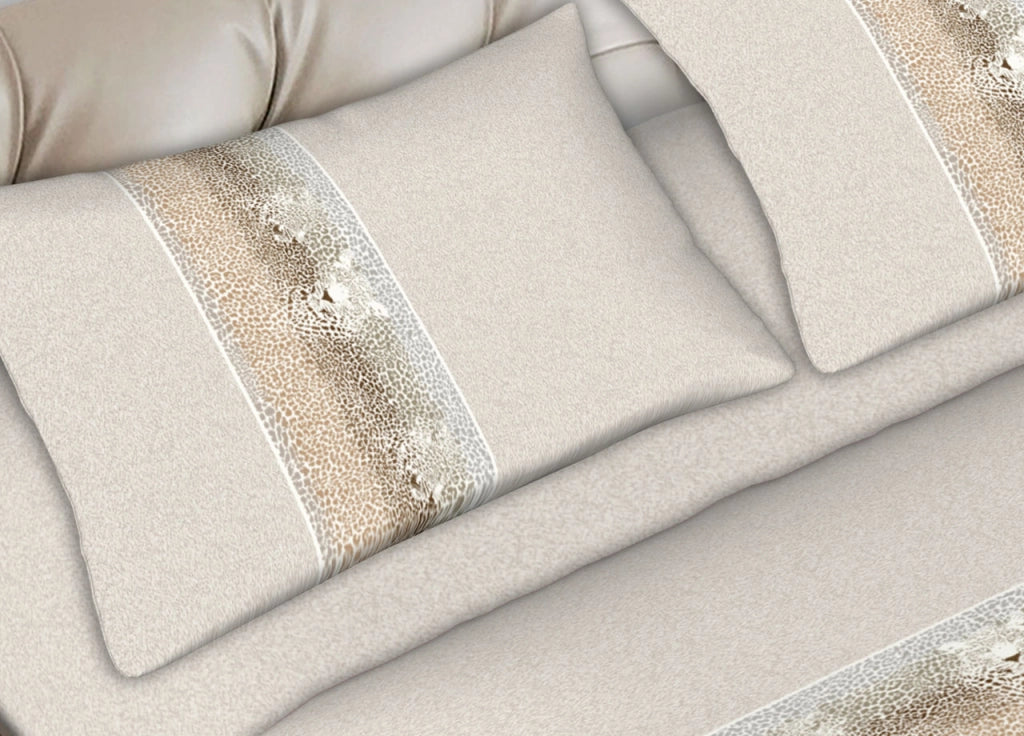 Completo Lenzuola In 100% Cotone Made In Italy Dis. Leopard Colore Beige C.N. - Singolo - Beige