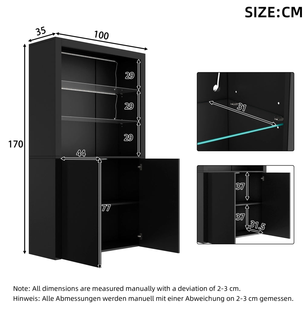 Vetrina 100x35x170 cm con LED e 2 ante in MDF; vetro e truciolare nera