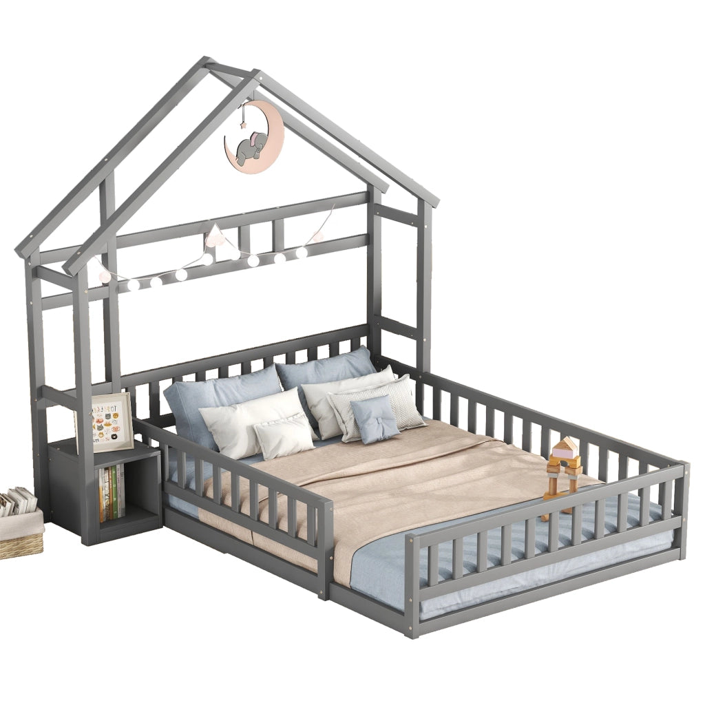 LETTO a casetta 140 x 200 cm con spondale, grigio, con comodino laterale