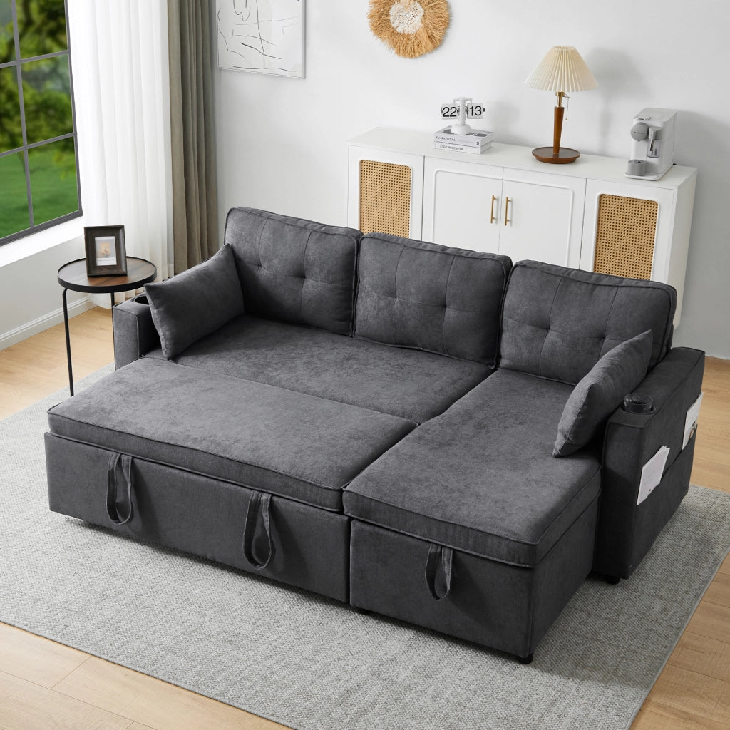 Divano Angolare Letto 3 Posti con Contenitore, Chaise Longue Reversibile, Tasche e Portabicchieri in Cotone Lino Grigio 211 × 130 × 86 cm