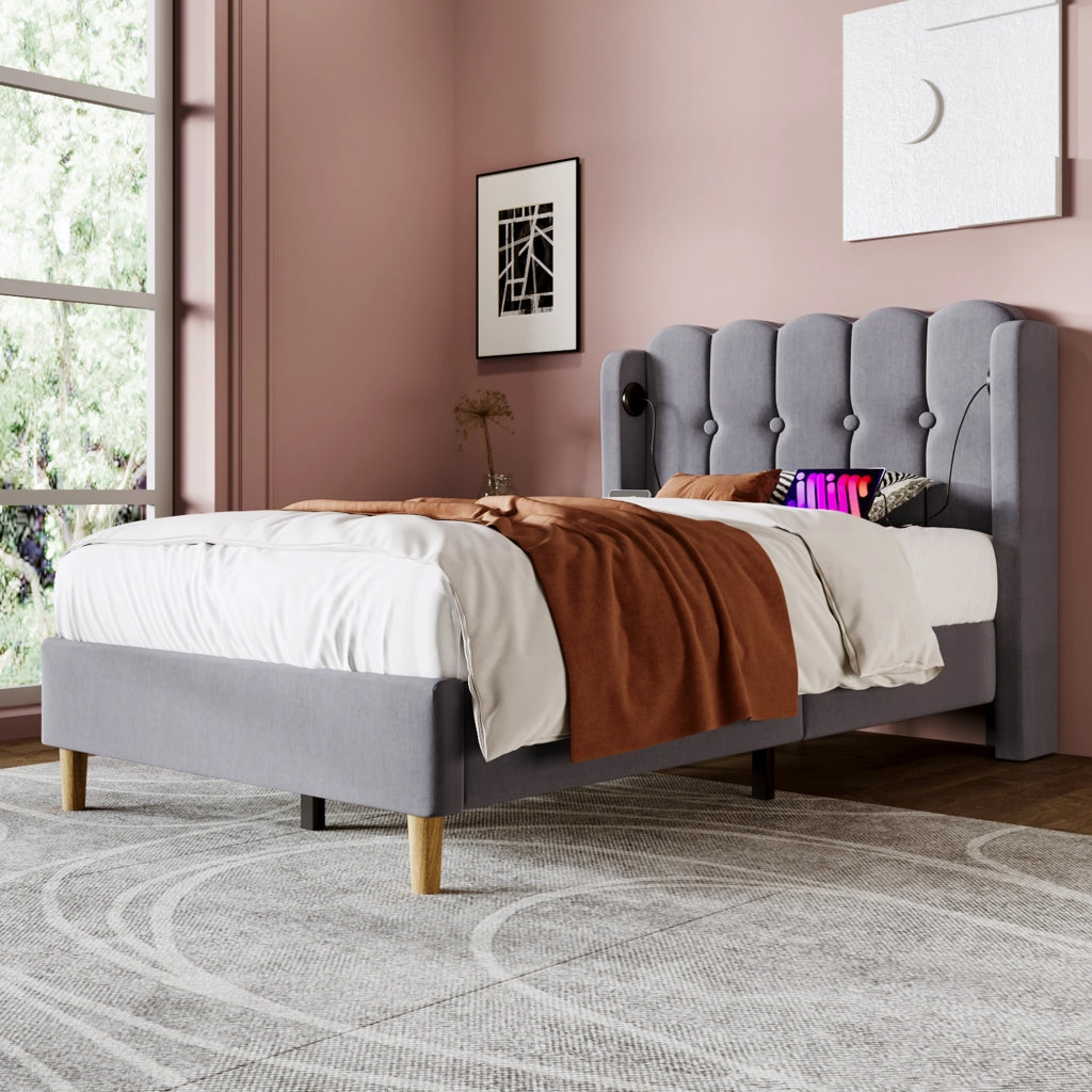 LETTO imbottito 90x200 cm grigio in lino con porta USB e USB-C