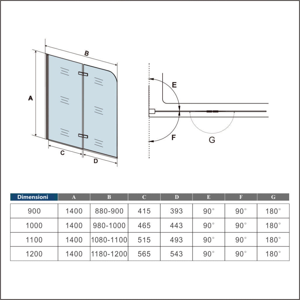 Sopravasca da Bagno Parete Vasca Doccia 100x140 cm Due Ante Movibili Vetro Temperato Trasparente 6 mm Anticalcare Telaio Nero Opaco