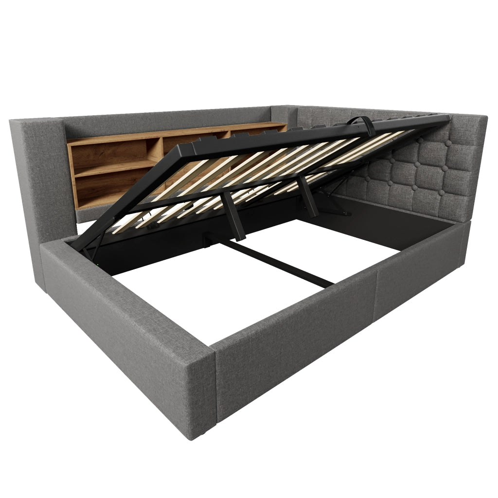 Letto imbottito 140x200 cm con LED, contenitore idraulico, testiera a L, rete e materasso, grigio