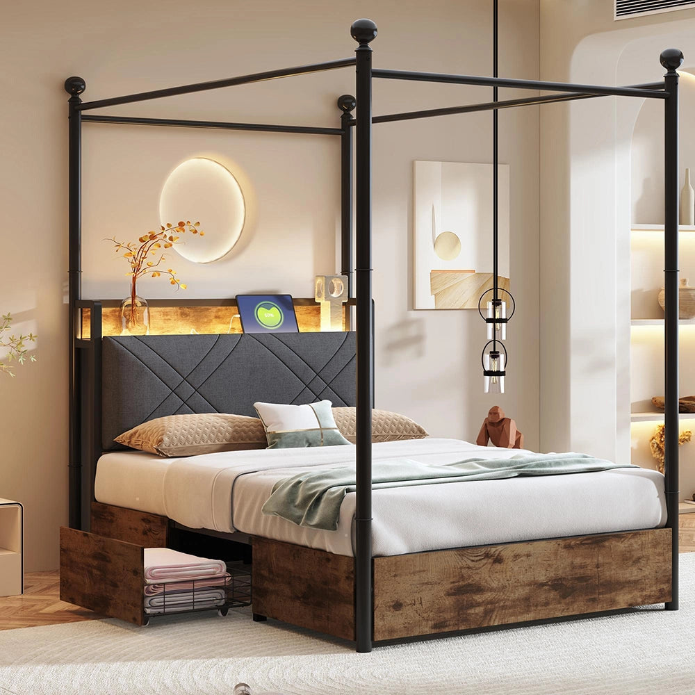Letto ferro 90x190cm?- Xylo - LED USB 2 cassetti nero