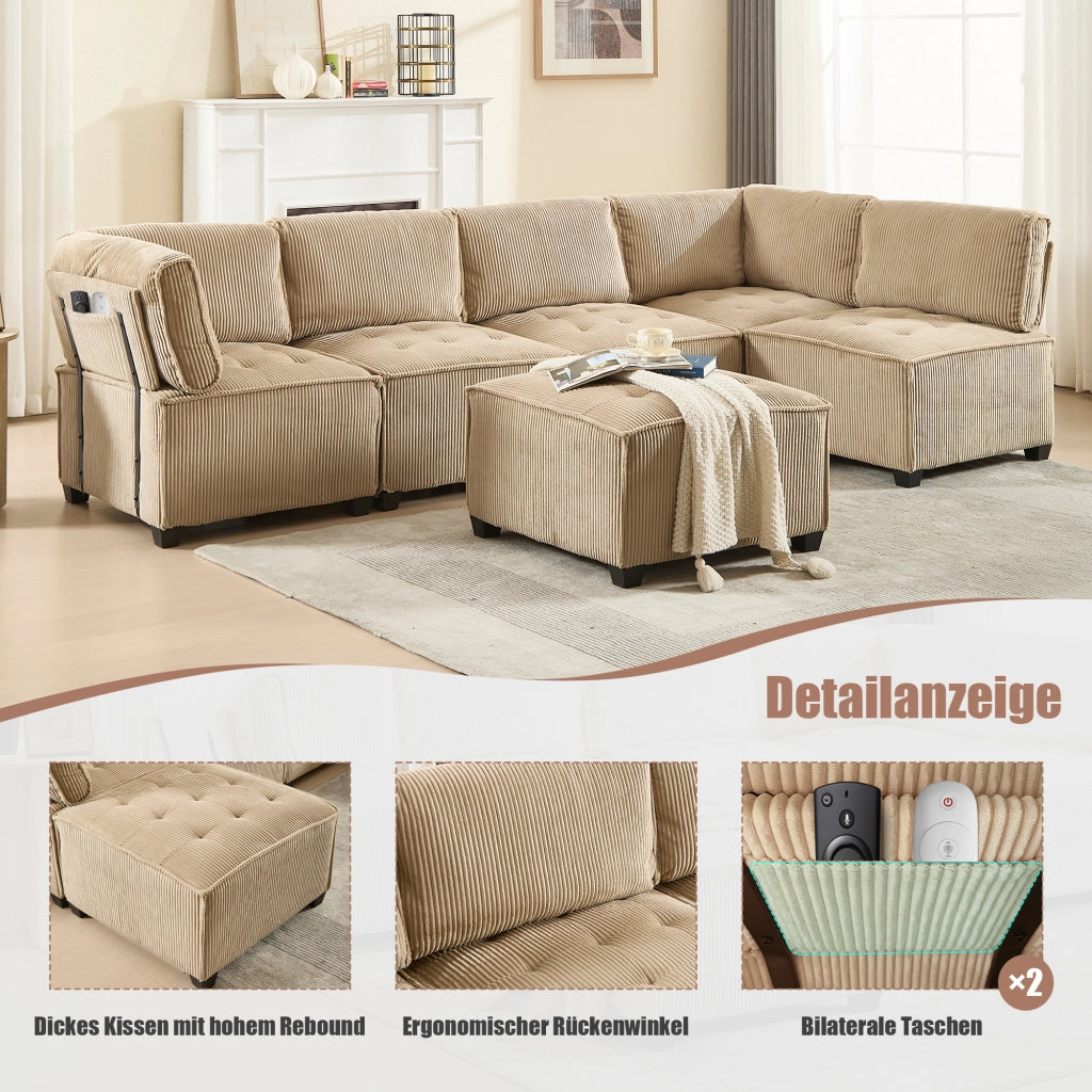 OKWISH Divano Modulare 6 Posti, Design Ergonomico con Tasche Laterali, Configurabile a U, ad Angolo o Letto, Velluto a Coste, Cachi