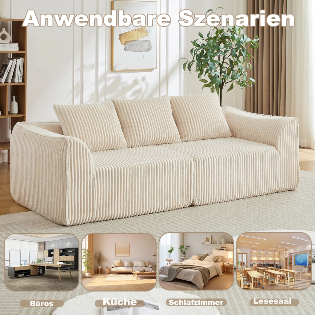 Divano modulare senza montaggio con linee curve e cuscini in velluto a coste beige 235 cm