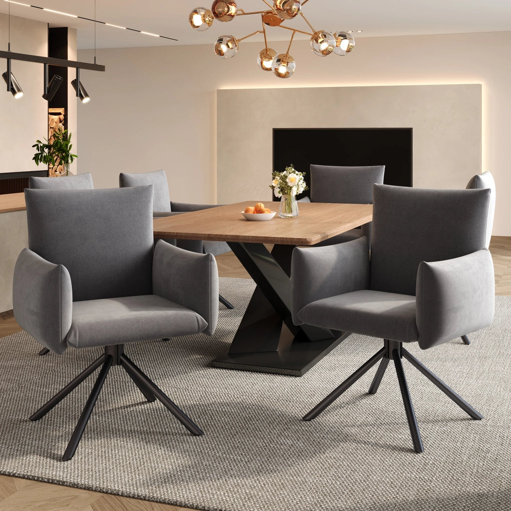 Set di 2 sedie da pranzo girevoli con braccioli; schienale ergonomico e base in metallo in velluto grigio