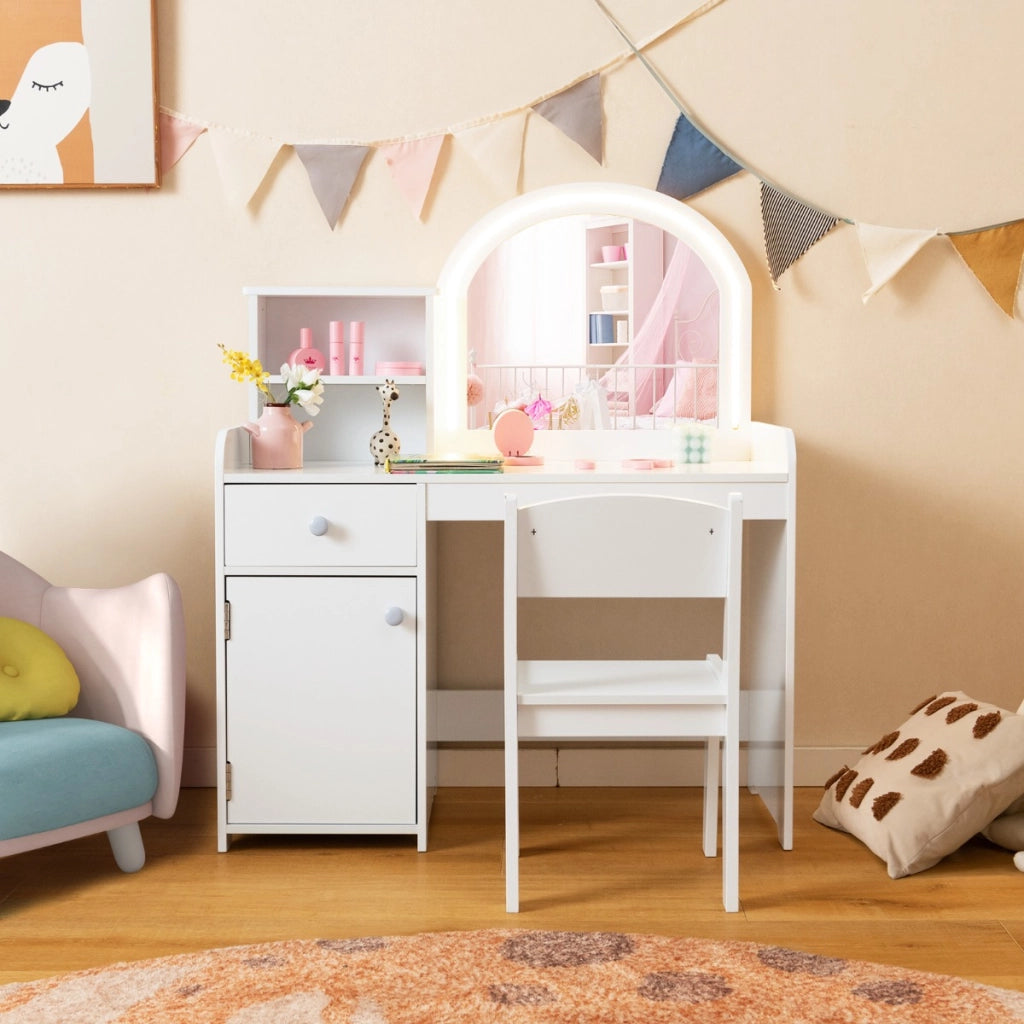 Set tavolo da trucco per bambini con sedia mensole cassetto e anta-Toeletta da trucco in legno con luci LED Bianco