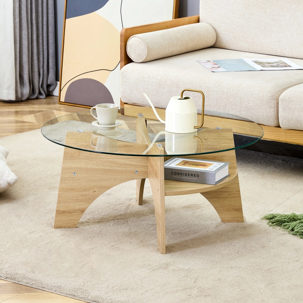Tavolino da caff¨¨ rotondo moderno in vetro ¨C ? 80 cm con piano trasparente, design multifunzionale. Struttura a ventaglio, gambe in MDF effetto legno