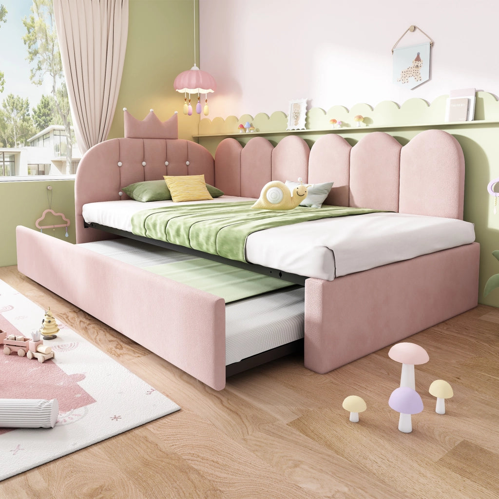 DESMIU Lit simple 90 × 200 cm con letto estraibile, design corona e griglia, senza materasso, in velluto, rosa