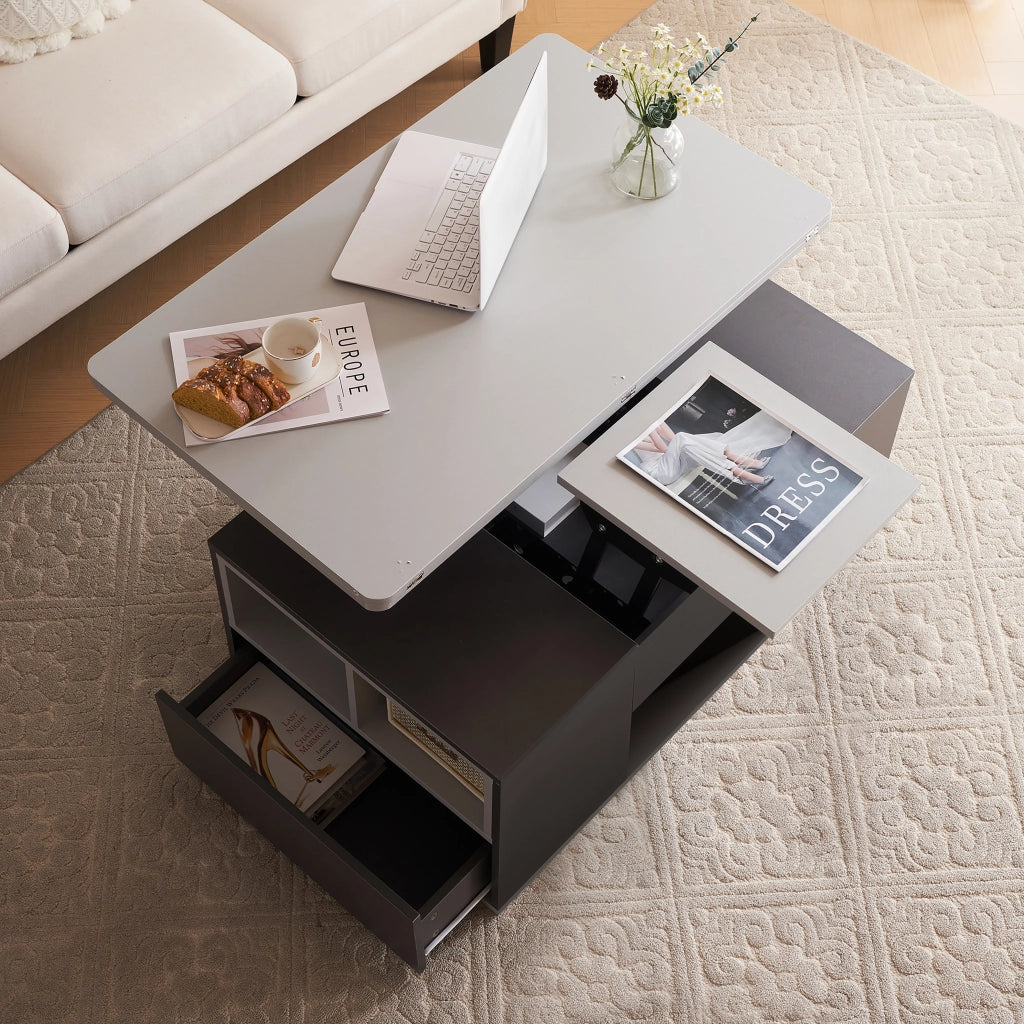 Tavolino da caffè con piano alzabile; 2 cassetti e vani aperti - per soggiorno - 100x51x47 cm - grigio