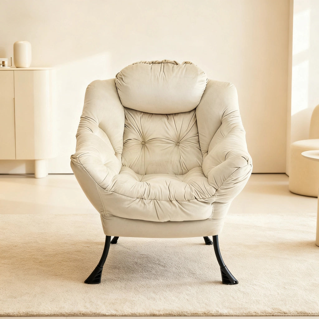 Poltrona relax con poggiapiedi; tasca laterale e braccioli in tessuto beige con struttura in metallo