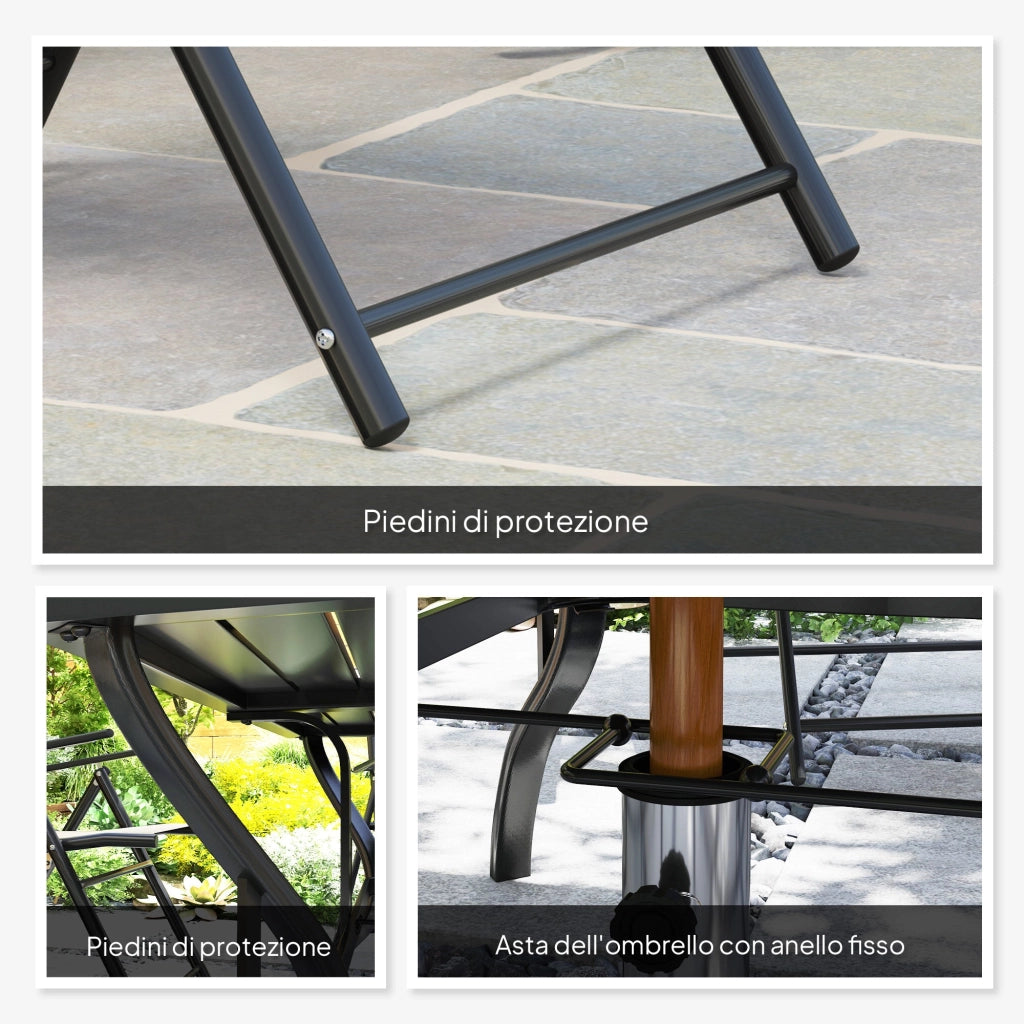 Set Salotto da Giardino 7 Pezzi con Tavolo da Pranzo con Foro per Ombrellone e 6 Sedie Pieghevoli Grigio