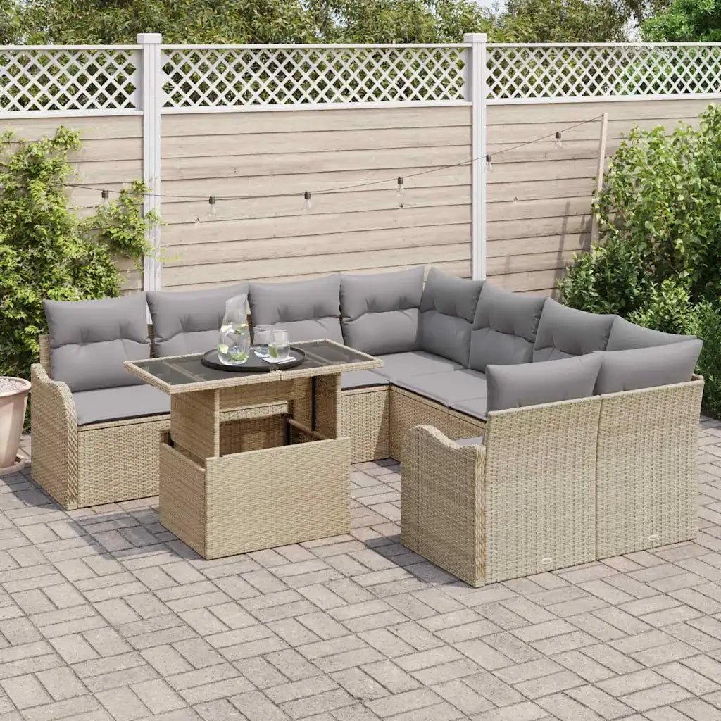Set Divano da Giardino con cuscino 9 pcs Beige Poly Rattan