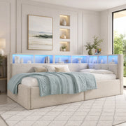 DESMIU Letto divano 90 × 200 cm 1 posto con LED regolabile, USB, Type-C e contenitore idraulico, senza materasso, beige