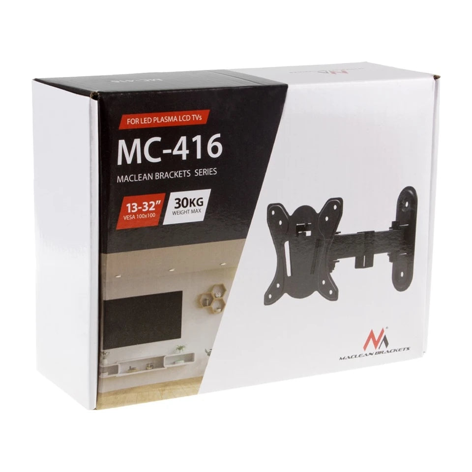 Supporto a parete per TV e monitor Maclean MC-416 da 13" a 32" 30kg inclinabile e girevole max. VESA 100x100 rivestimento in polvere nera supporto universale per LED OLED LCD
