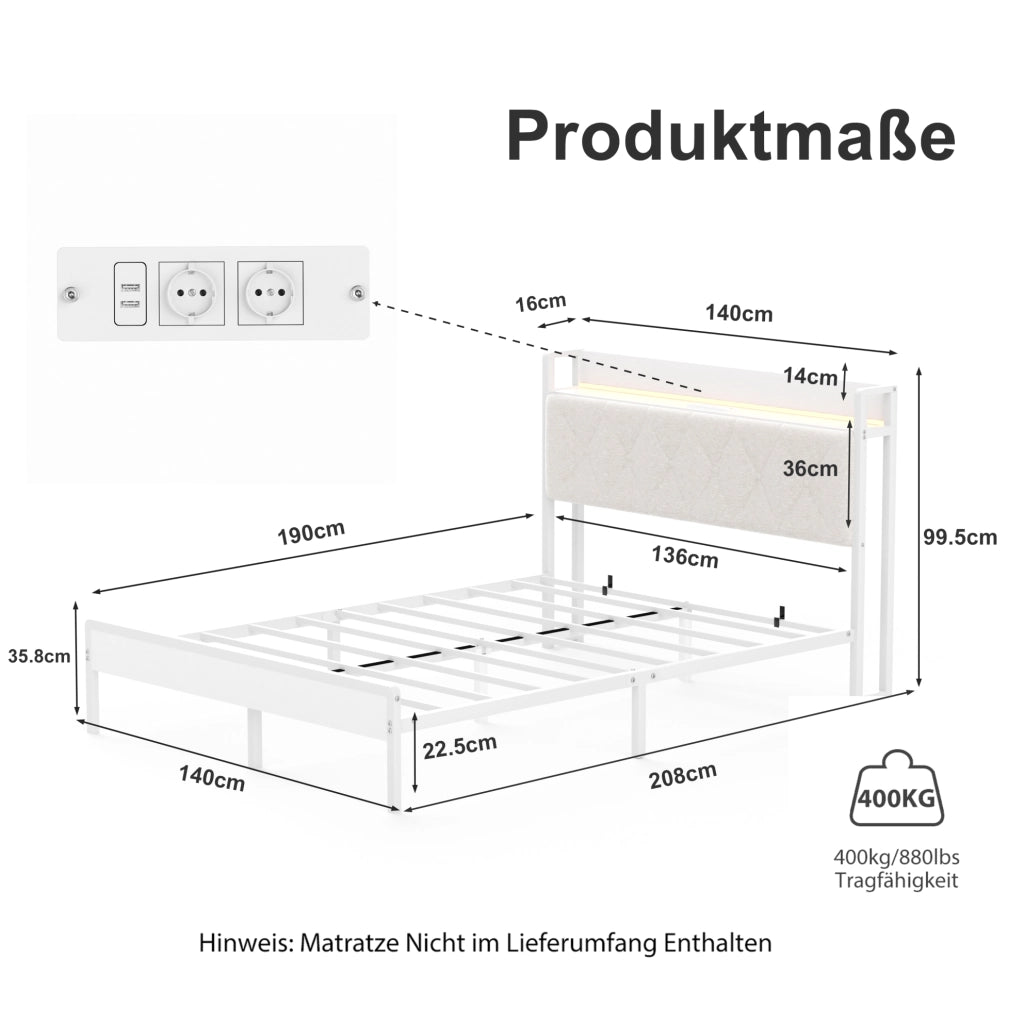 Letto matrimoniale imbottito 140x190 cm con LED, USB e spazio sottostante