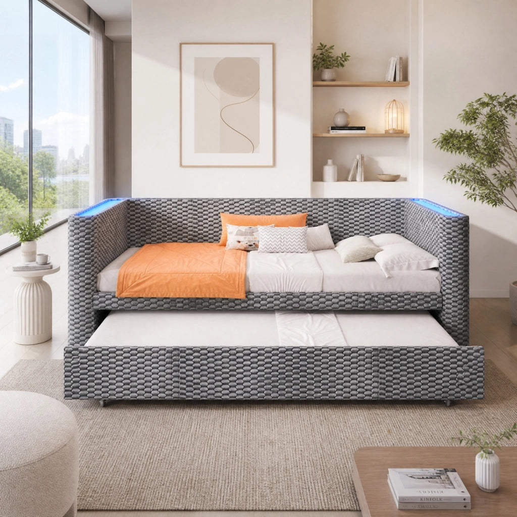 LETTO Estraibile 90x200 cm in Velluto Grigio con LED