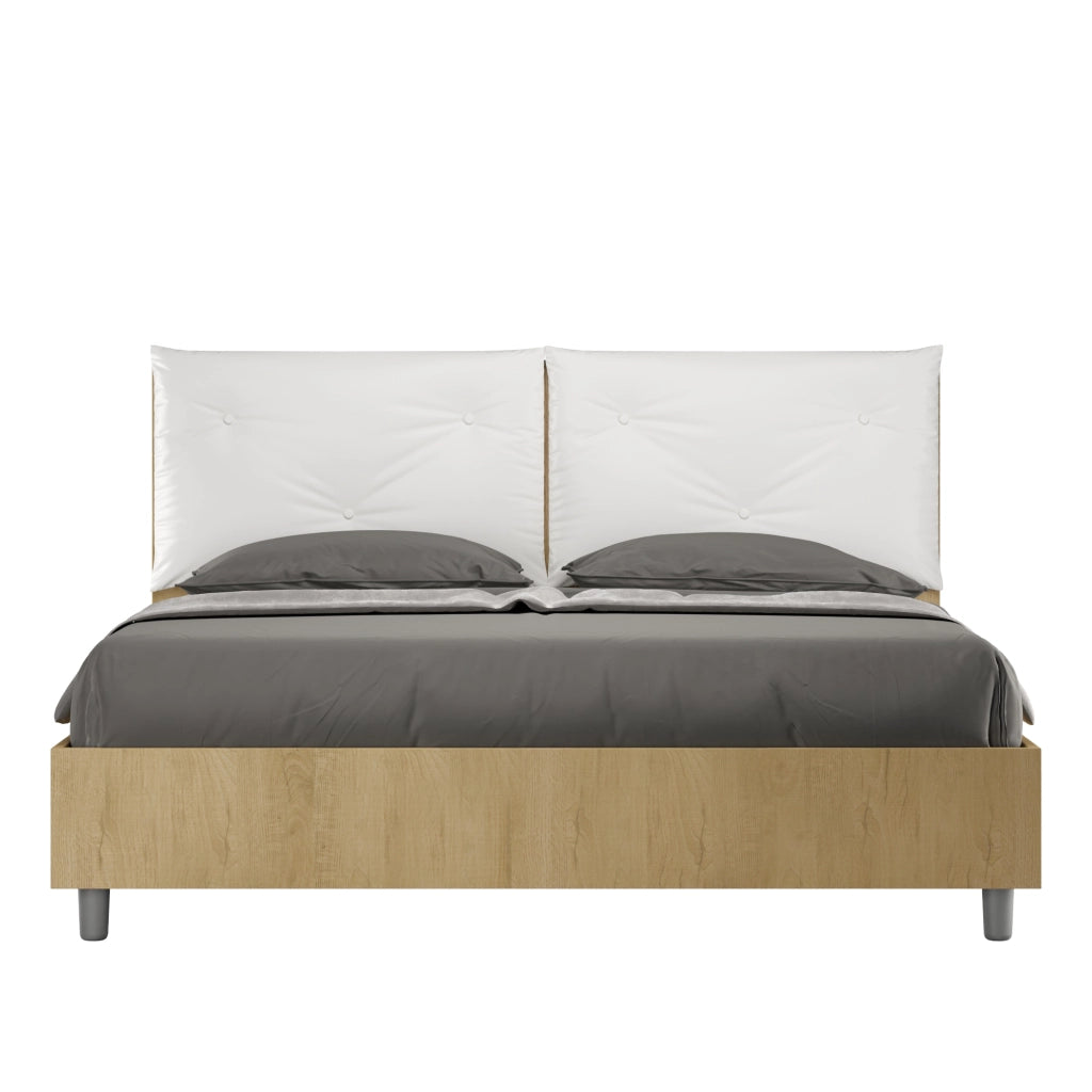 Letto Matrimoniale 160x190 cm con Rete Struttura Quercia con Cuscini in Similpelle Egos Appia Bianco