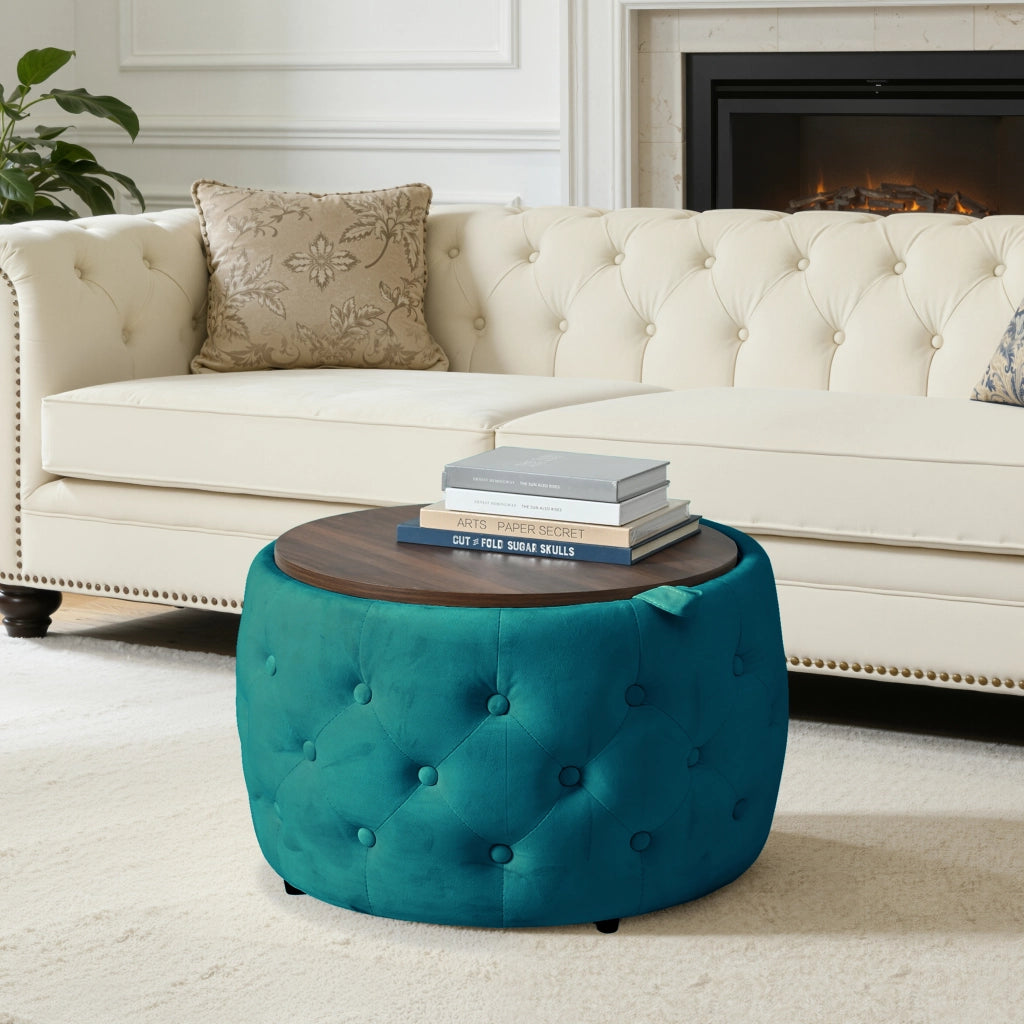 POUF Contenitore Rotondo in Velluto Blu Set da 2 pezzi 58 cm