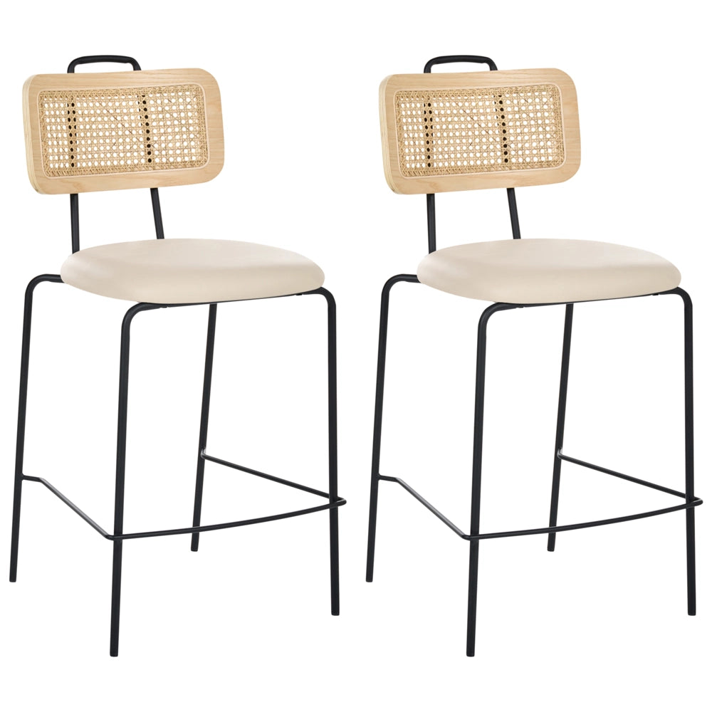 Set di 2 sedie da bar con seduta in ecopelle beige chiaro schienale in rattan gambe in ferro senza braccioli design boho moderno