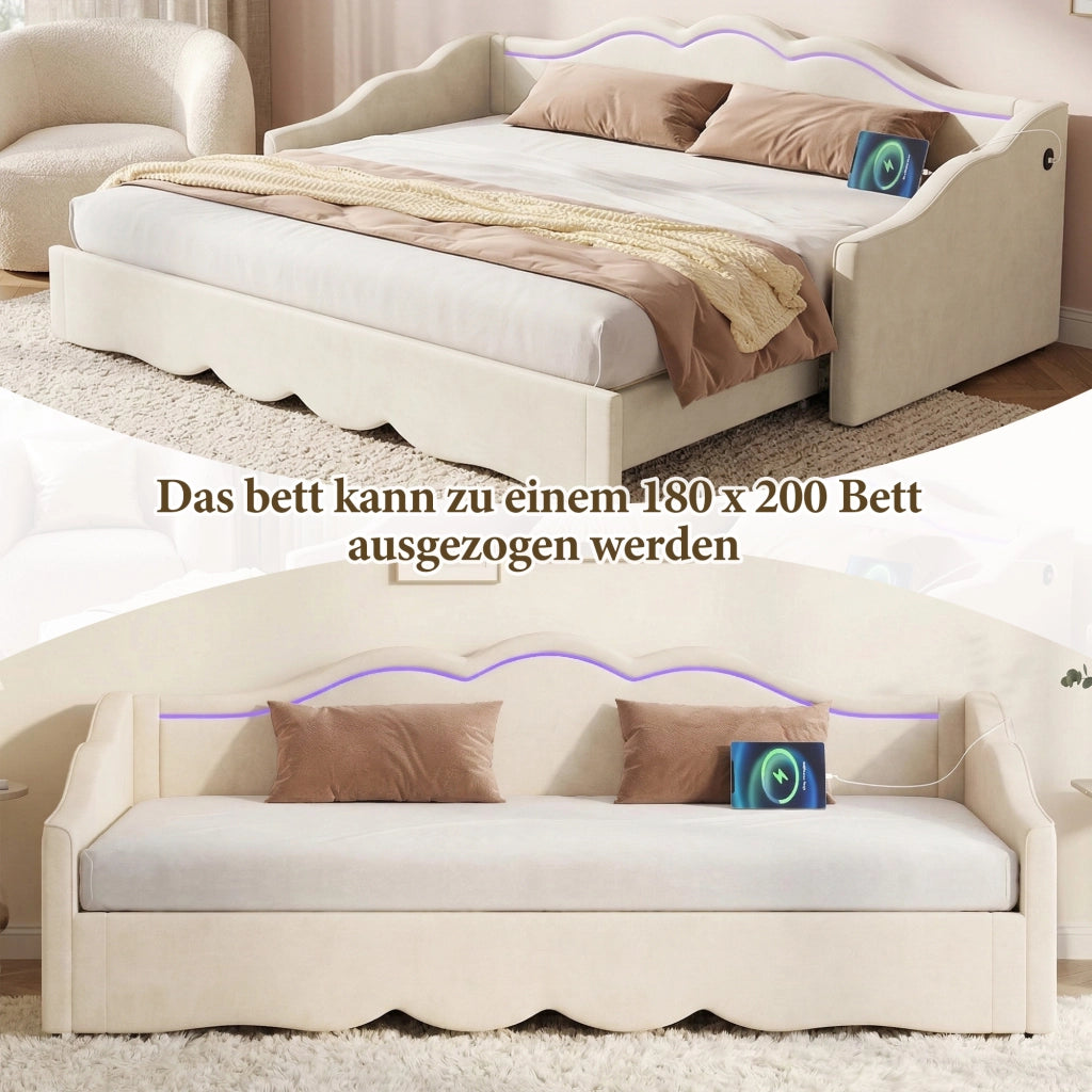 LETTO Estensibile 90x200 cm a 180x200 cm Velluto Beige con LED, USB e TYPE-C