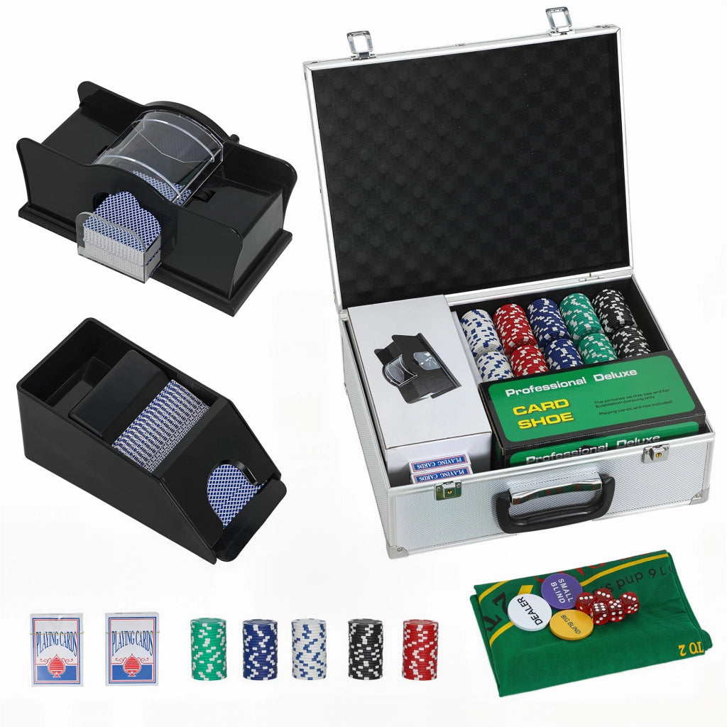 Set Poker con 300 Fiches Mescolatore e Distributore Carte Tappetino 5 Dadi Pulsante Dealer e Valigetta