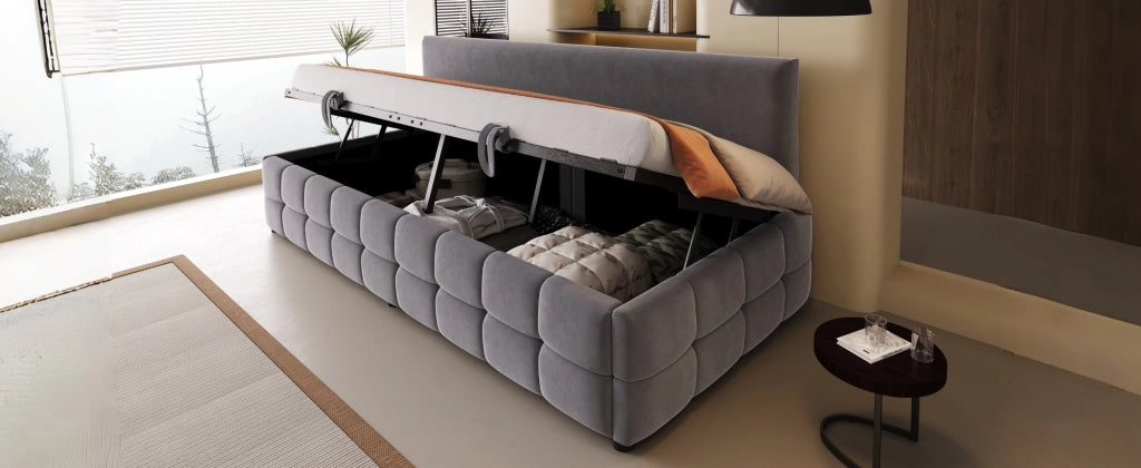 DESMIU Letto divano 1 posto 90 × 200 cm con vano contenitore idraulico e schienale, senza materasso, in velluto grigio
