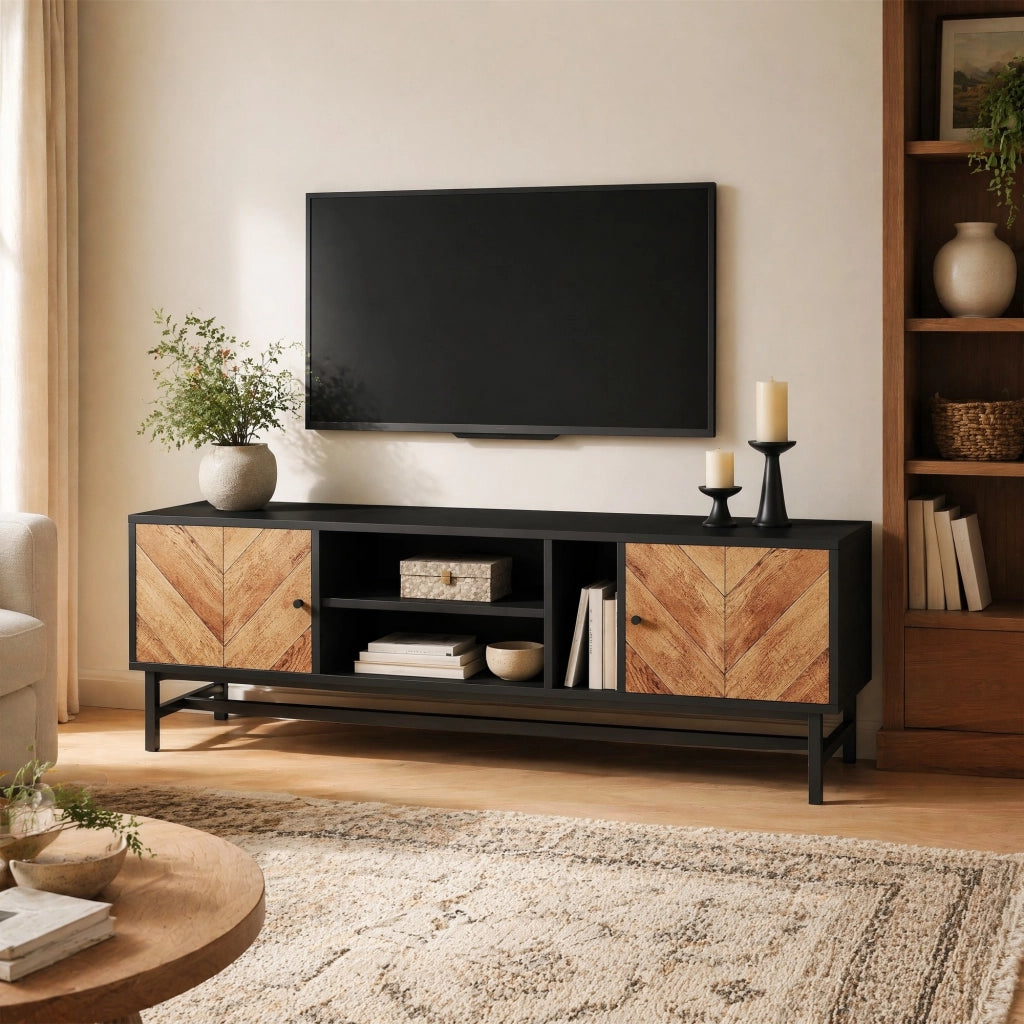 MOBILE TV 150 cm Nero e Effetto Legno con 2 Ante e 3 Vani