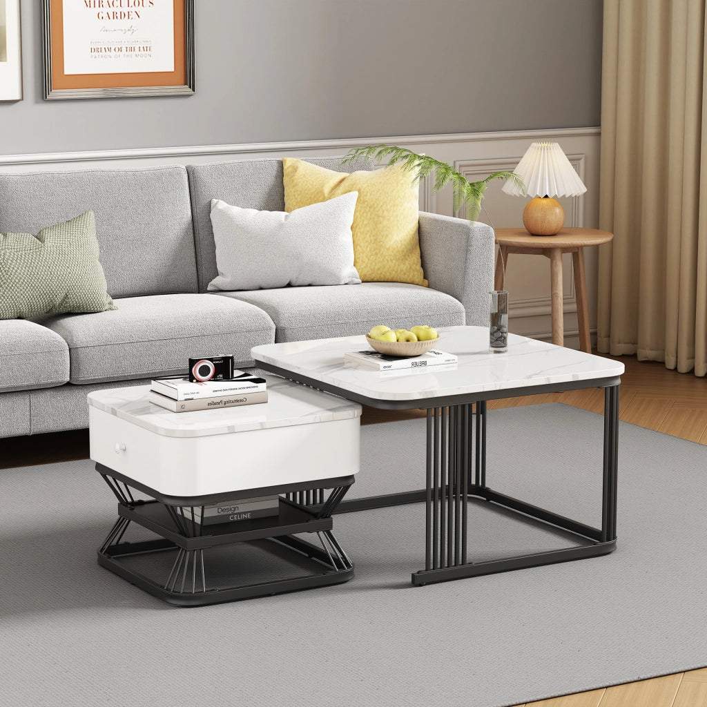 Set di 2 tavolini da salotto quadrati in effetto marmo lucido, bianco e nero, 70x70x45 cm + 50x50x40 cm, con 1 cassetto