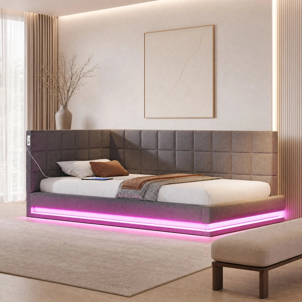 LETTO Divano 90x200 cm con LED, USB, rete a doghe, lino grigio