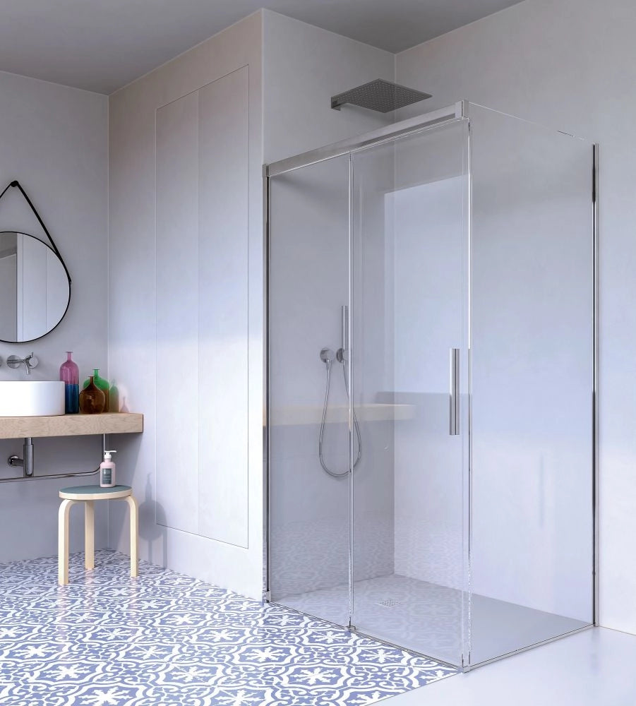 Box doccia 2 lati Fisso + Scorrevole Cristallo 8 mm Giava - Nice Soft Close - Misura: 90 x 100 x h190 cm