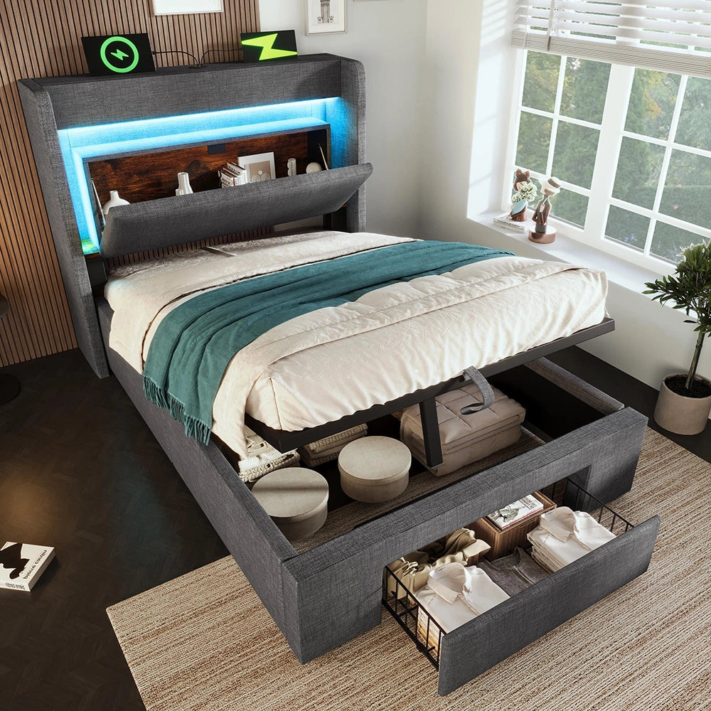 Letto imbottito 90x200cm - Xylo - Grigio lino, spazio idraulico, testiera con LED/USB, materasso incluso