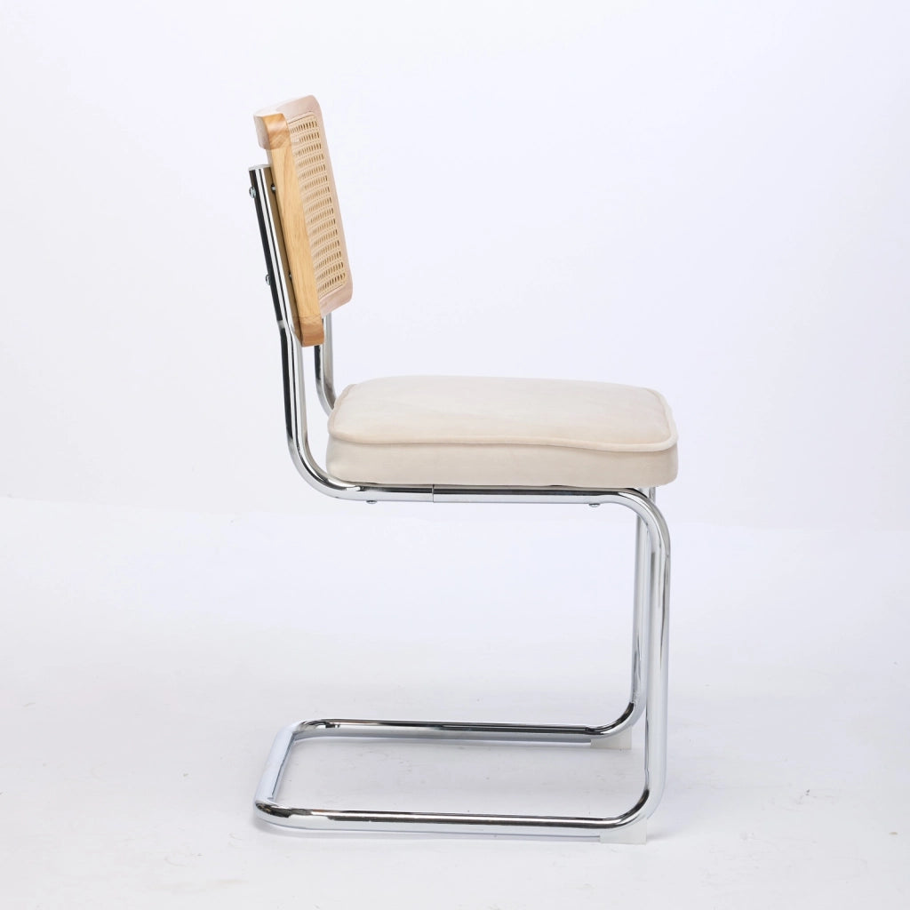 Set di 2 sedie da pranzo in stile Mid-Century Modern, sedie con rivestimento in velluto, schienale in canna naturale e base in acciaio inox cromato, f