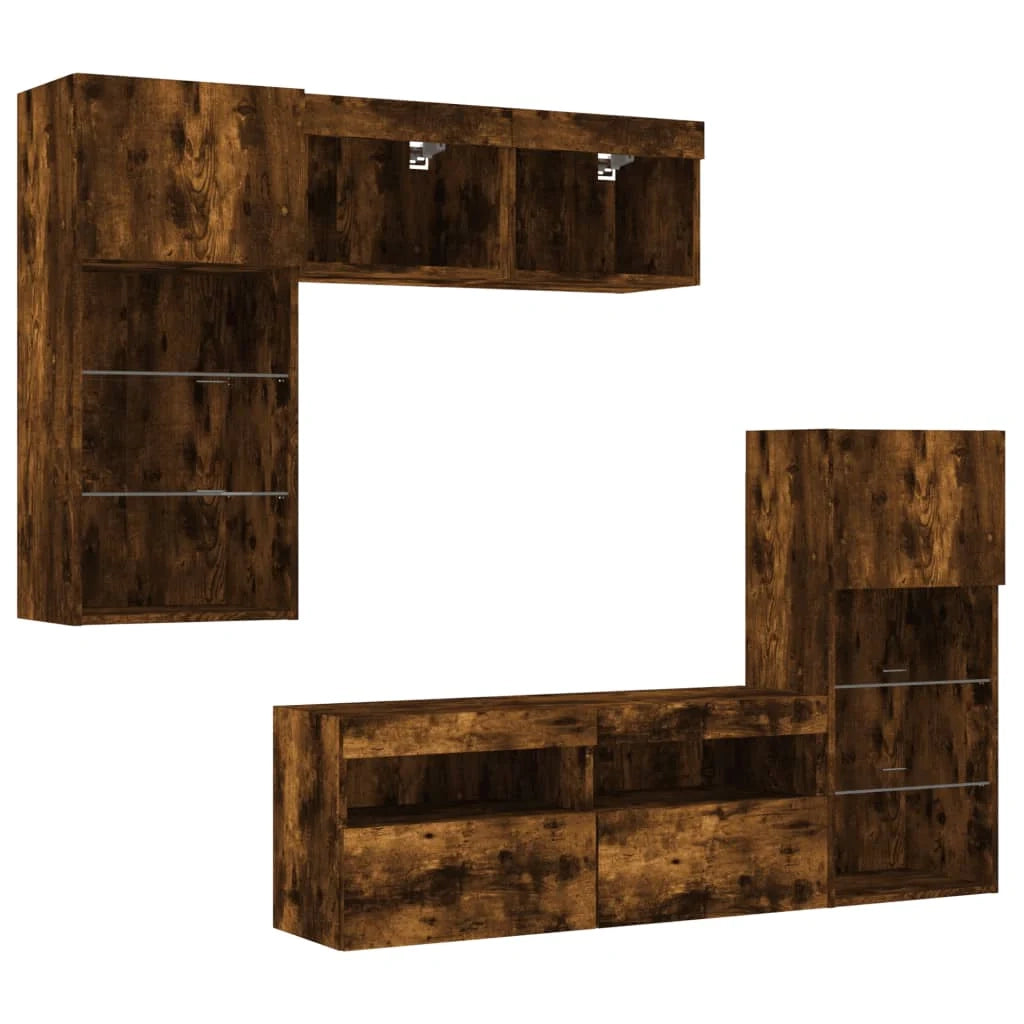 Mobile TV multimediale mensola TV credenza mobile TV sala da pranzo soggiorno camera da letto con illuminazione a LED 5 pezzi rovere affumicato legno composito marrone 02_0029411