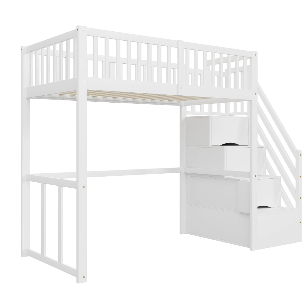 OKWISH Letto a Soppalco Letto Singolo con Scala Contenitore, Tavolo, 90×200 cm, senza Materasso, in Legno, Bianco