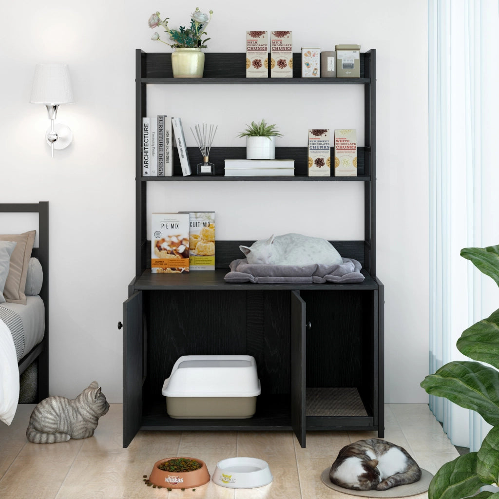 MOBILETTO LETTIERA per gatti con scaffali 3 livelli, nero, MDF e metallo