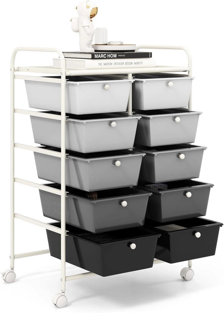 Carrello a 10 Cassetti con Ruote, Carrello di Stoccaggio con Stabilità Elevata, Carrello Multiuso per Casa Ufficio e Scuola, 65,5 x 37 x 87 cm (Sfumatura nera 2)