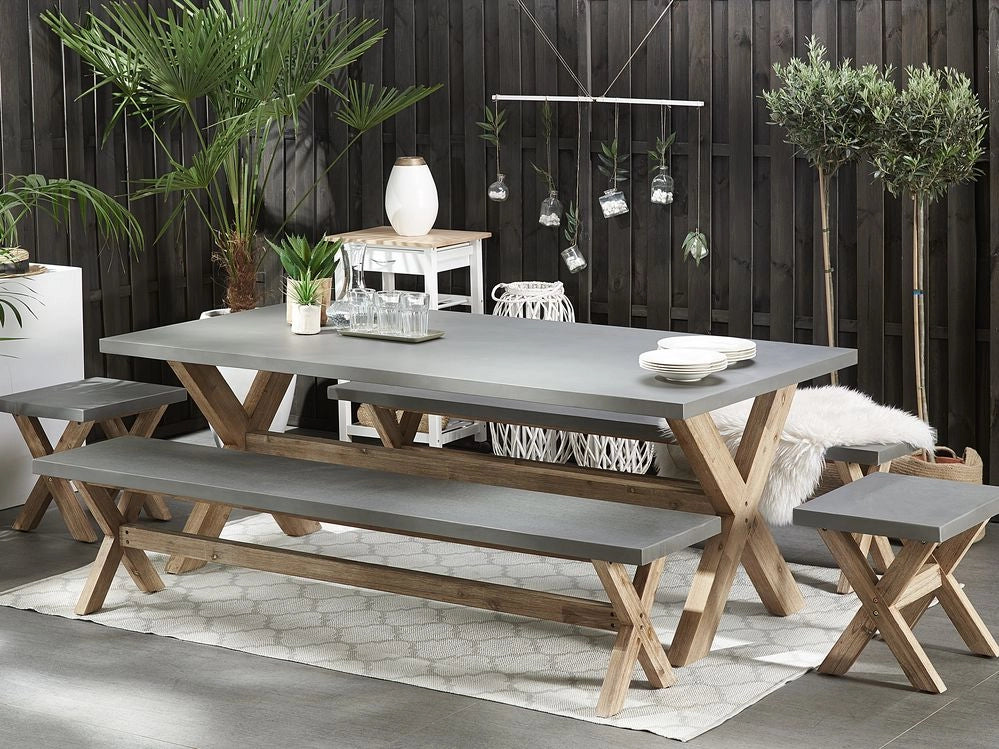 Tavolo da pranzo da esterno in cemento grigio con gambe in legno chiaro acacia 8 persone capacità 200 x 100 cm
