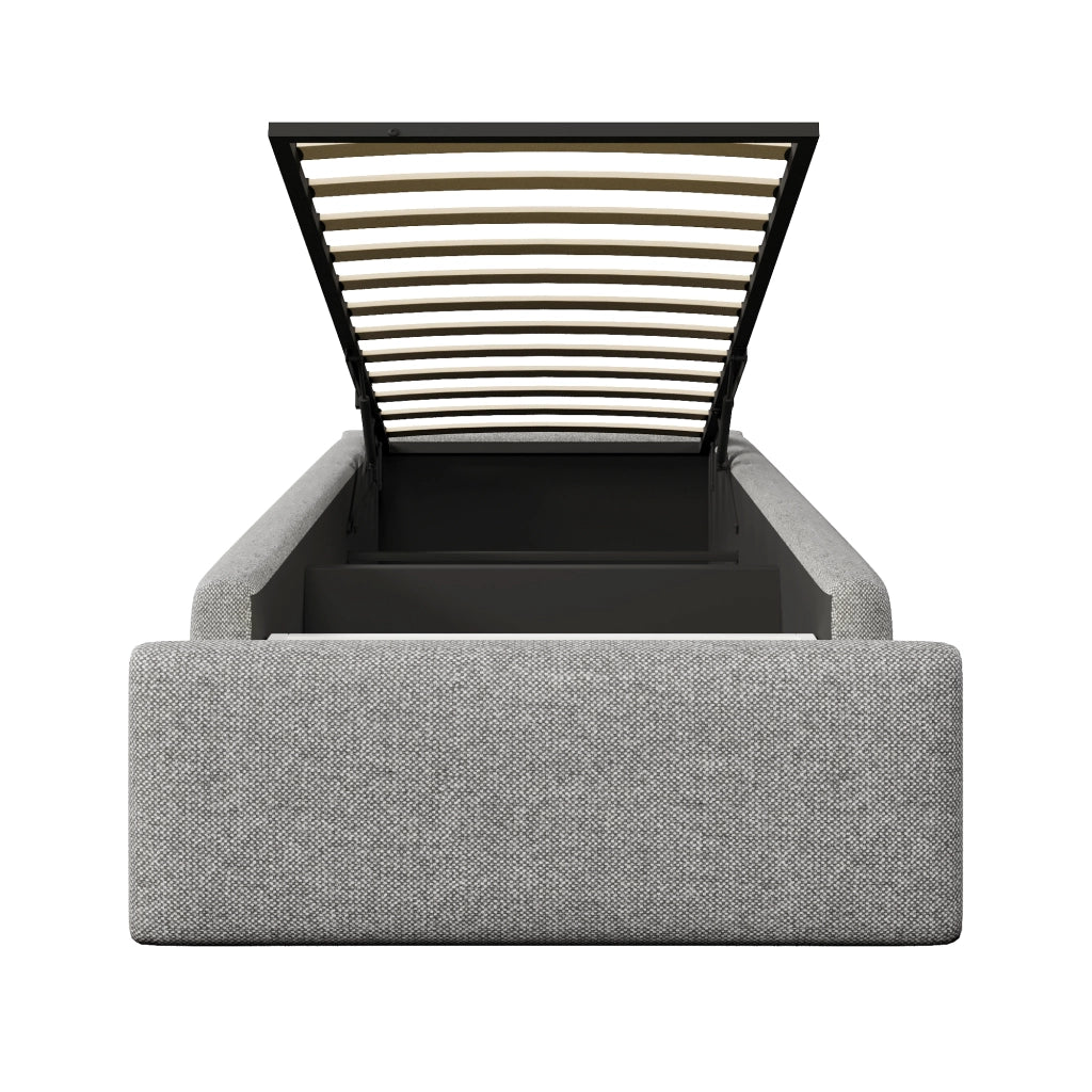 Letto adulto 90×200 cm; con contenitore idraulico e 1 cassetto; senza materasso; in tessuto grigio