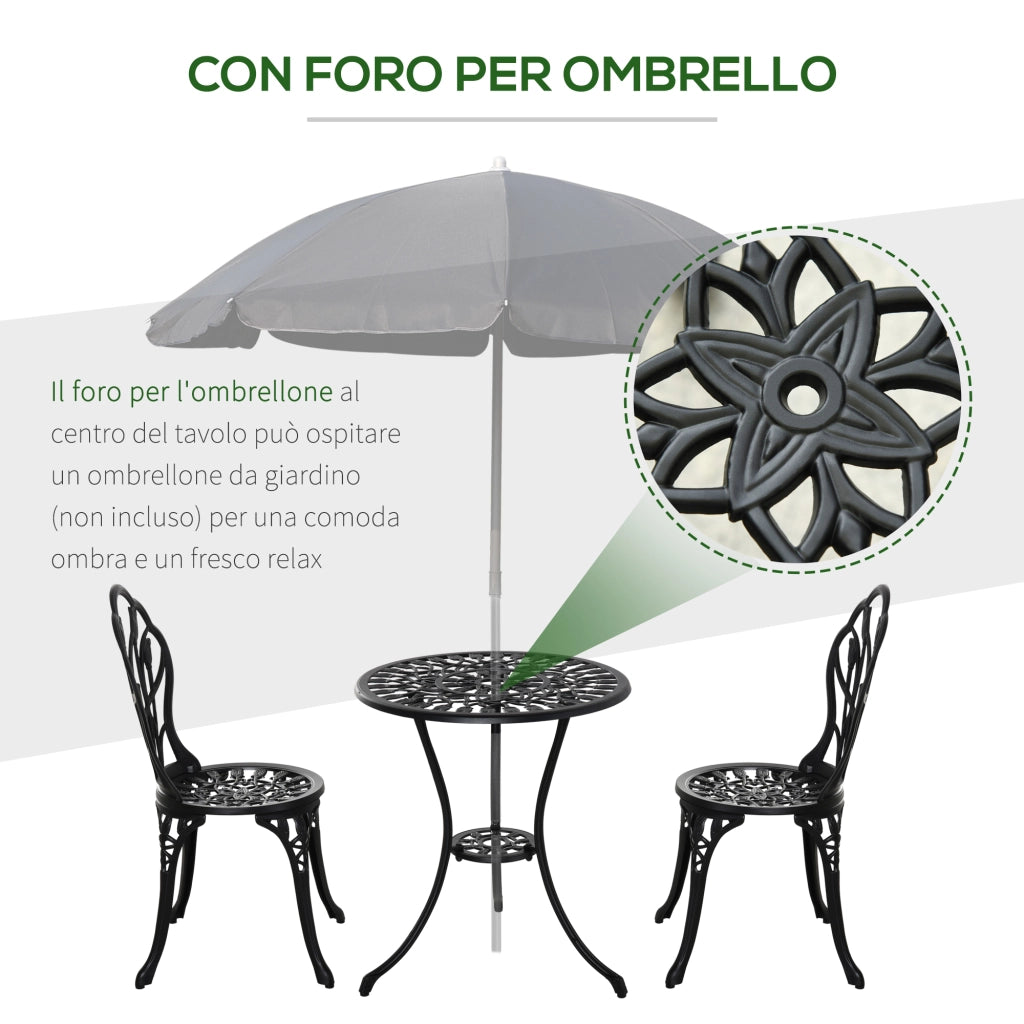 Set da Giardino 3 Pezzi ¨C Zephmum ¨C Nero, Alluminio, Sedie 42.5x47.5x89 cm e Tavolino ?60x67 cm