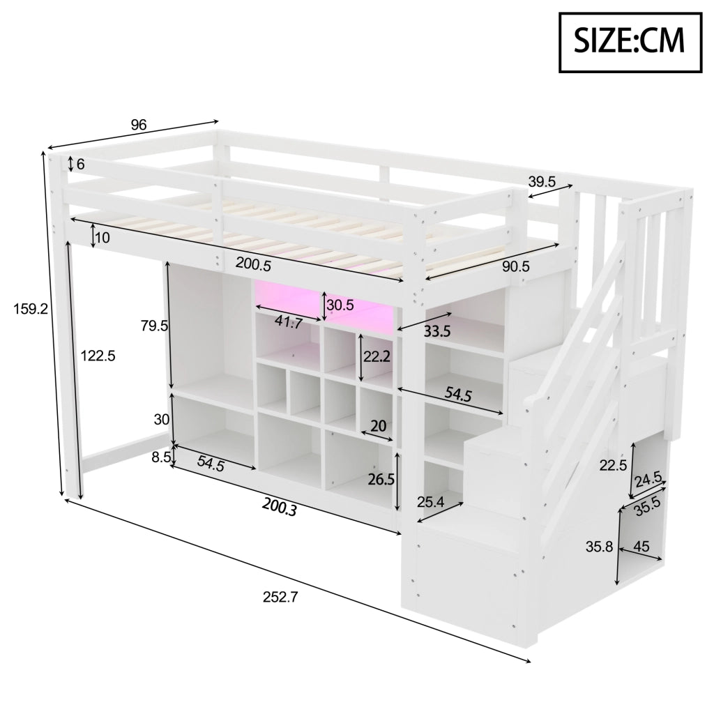Letto a Soppalco con Contenitore e LED ¨C MINIMAL ¨C Bianco 90x200